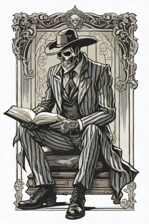 Reaper standing straight wearing a pin stripe suit,  suit pants and cowboy boots.  He is holding a book titled panta rei tattoo design idea
