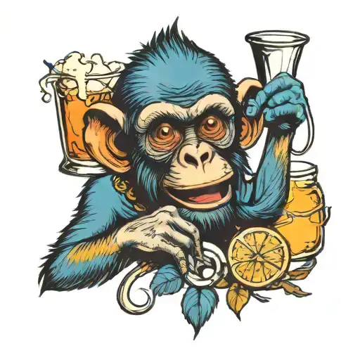 Blue Monkey drining alcohol tattoo design idea