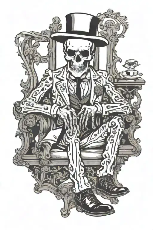 skelleton wearing italian suit woth suit pants and western boots. Seen from the front standing straight. tattoo design idea