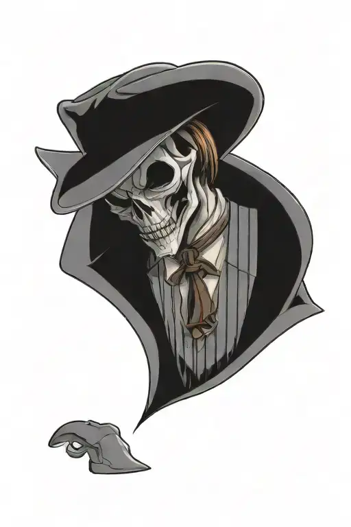 Reaper standing straight wearing a pin stripe suit,  suit pants and cowboy boots.  He is holding a book titled panta rei tattoo design idea