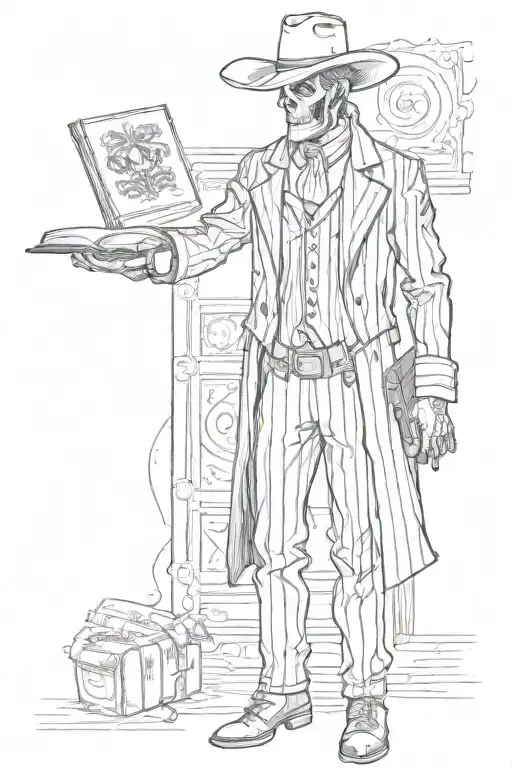 Reaper standing straight wearing a pin stripe suit,  suit pants and cowboy boots.  He is holding a book titled panta rei tattoo design idea