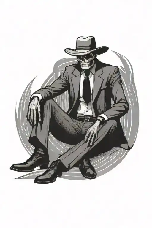 Reaper standing straight wearing italian pin stripe suit and suit pants and cowboy boots. tattoo design idea