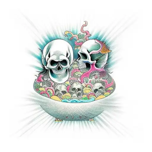 Two souls with skull heads swimming in a fishbowl. tattoo design idea