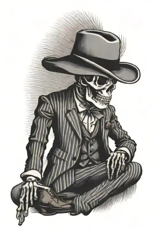 Standing skelleton wearing italian pin stripe suit and suit pants and cowboy boots. tattoo design idea
