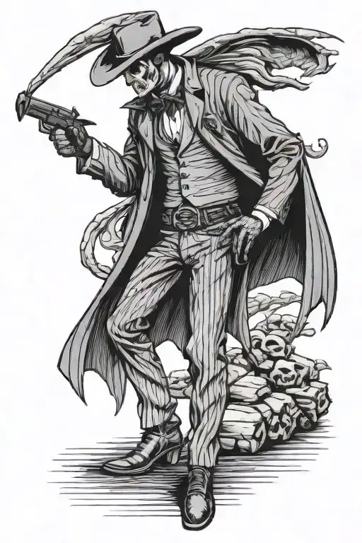 Reaper standing straight wearing italian pin stripe suit and suit pants and cowboy boots. tattoo design idea