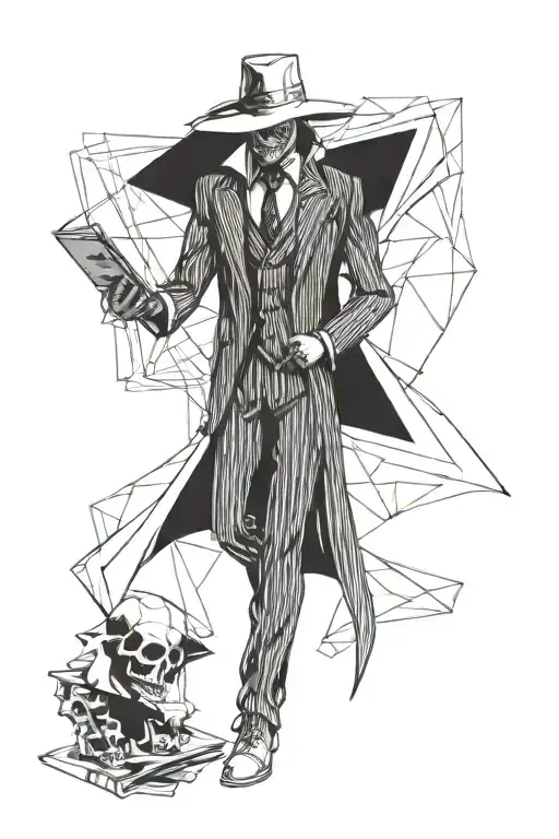 Reaper standing straight wearing a pin stripe suit,  suit pants and cowboy boots.  He is holding a book titled panta rei tattoo design idea