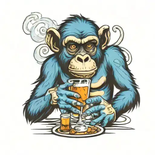 Blue Monkey drining alcohol tattoo design idea