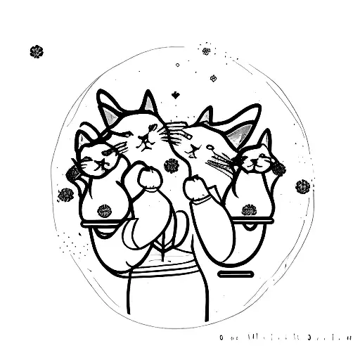 a girl holding six fat cats tattoo design idea