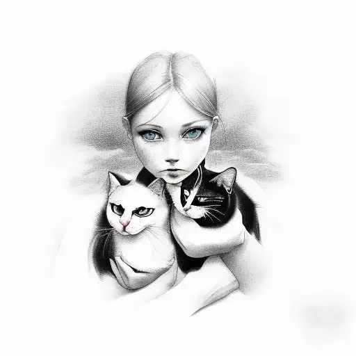 a girl holding six fat cats: black, black and white, white and black, white, black and grey, brown black and white tattoo design idea