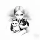 a girl holding six fat cats: black, black and white, white and black, white, black and grey, brown black and white tattoo design idea