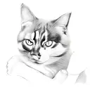 a girl holding six fat cats: black, black and white, white and black, white, black and grey, brown black and white tattoo design idea