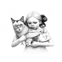 a girl holding six fat cats: black, black and white, white and black, white, black and grey, brown black and white tattoo design idea