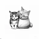 a girl holding six fat cats: black, black and white, white and black, white, black and grey, brown black and white tattoo design idea