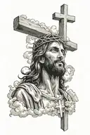 jesus with 3 crosses on the bottom, clouds in the background  tattoo design idea