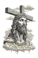 jesus with 3 crosses on the bottom, clouds in the background  tattoo design idea
