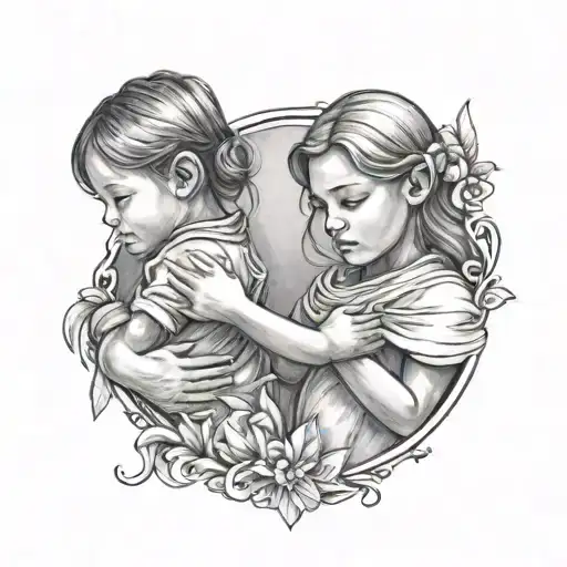A tattoo design of a mother and child holding hands, with the child holding a pencil and paper to represent your love for drawing and your daughter Mila tattoo design idea