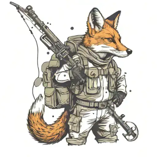 A fox wearing a military uniform and holding a fishing rod, standing in front of a warehouse backdrop tattoo design idea