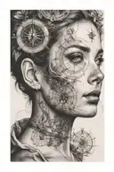 woman face, compass rose surrounded tattoo design idea
