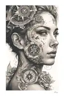 woman face, compass rose surrounded tattoo design idea
