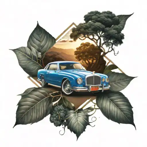 luxury car in nature elements intertwined tattoo design idea