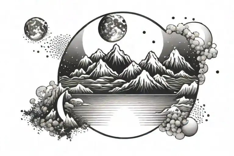 mountain range with ocean and moon and stars circle tattoo design idea