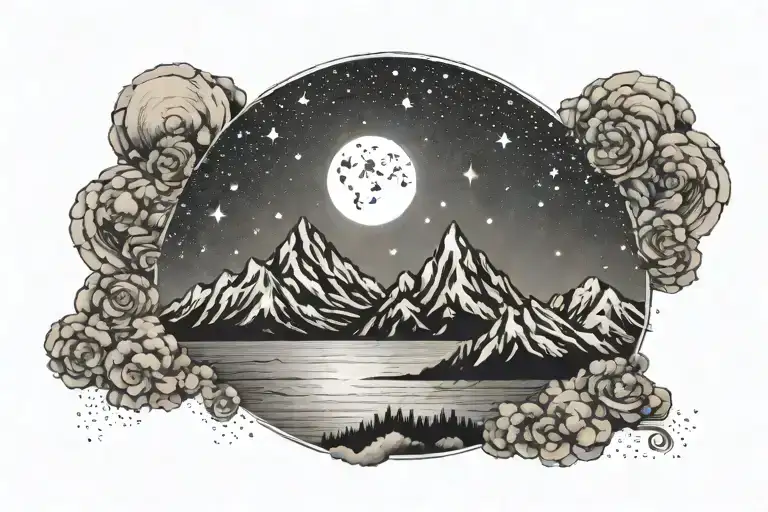 mountain range with ocean and moon and stars circle tattoo design idea