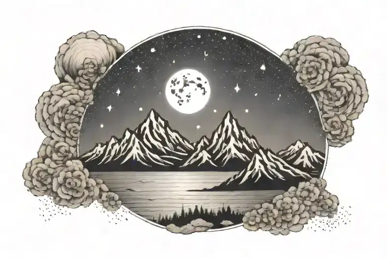 mountain range with ocean and moon and stars circle tattoo design idea