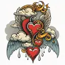 clouds wings and heart with tear drops coming from the clouda tattoo design idea