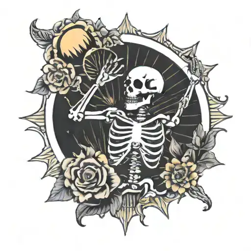 a skeleton in a pose sounded by the sun  tattoo design idea