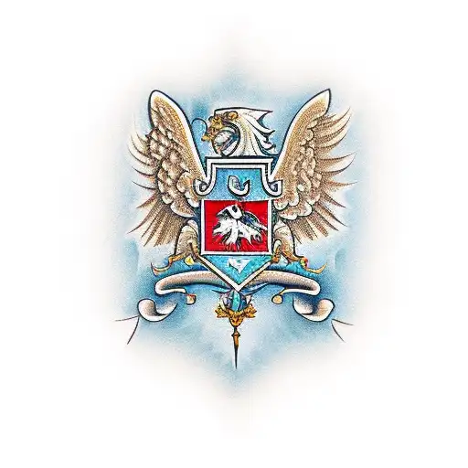 family crest with gold ore, mountians, poland and a banner with the word "Kruszec" tattoo design idea