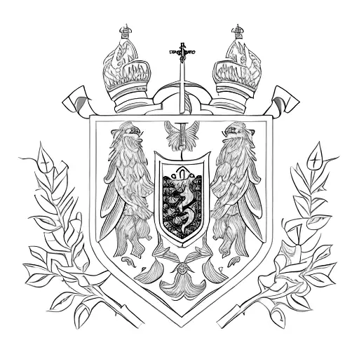 family crest with gold ore, mountians, poland and a banner with the word "Kruszec" tattoo design idea