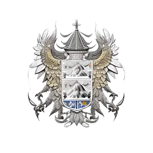 family crest with gold ore, mountians, poland and a banner with the word "Kruszec" tattoo design idea