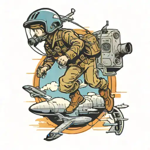 A traditional style tattoo of a paratrooper jumping out of a plane with a loyal dog by his side, set against a backdrop of a hacker's den filled with computer monitors and code snippets tattoo design idea