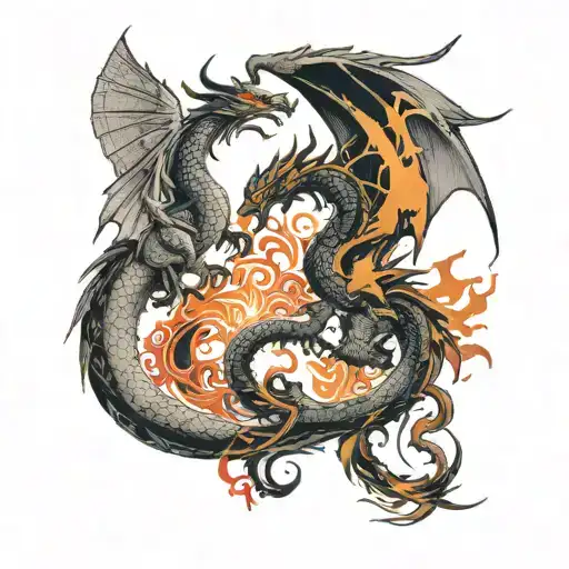 Create a striking tattoo design of a dragon and phoenix intricately intertwined on a man's back. The tattoo should be me tattoo design idea