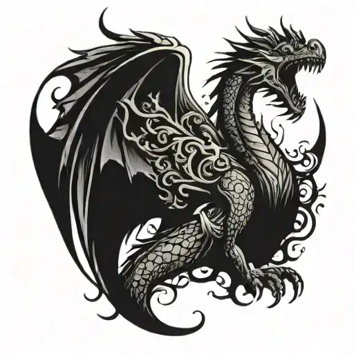 dragon and fenix on a man back, tatoo is not so big, no head, just scales, feathers, flames, wings, abstraction and outl tattoo design idea