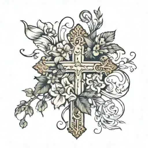 Cross and 1976 and flowers and plants tattoo design idea