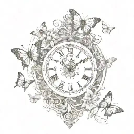 Roman numeral clocks break and butterflies fly out of them tattoo design idea