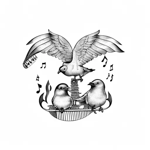Three little birds perched on a harp, with purple musical notes floating around tattoo design idea
