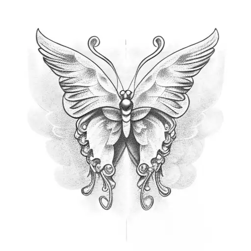 purple butterfly on a harp with 3 little blue birds with angel wings tattoo design idea
