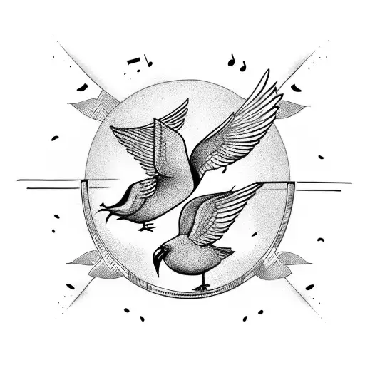 Three little birds perched on a harp, with purple musical notes floating around tattoo design idea