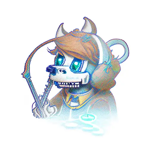 a stylized undertale character playing a musical instrument in a mesmerizing blue landscape tattoo design idea
