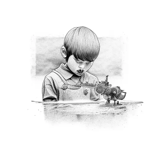 a boy pressing a red button tattoo design idea