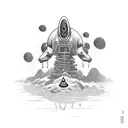 boy pressing a red button while being abducted by aliens tattoo design idea