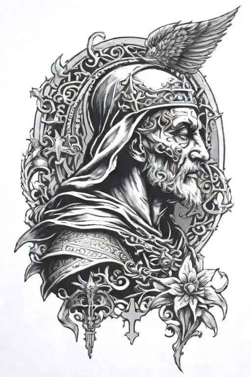 A dark and mystical dotwork tattoo of a saint with a hidden evil side, reflecting the client's fascination with conflicting themes tattoo design idea