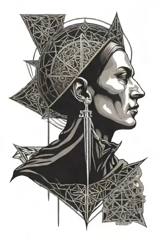 A dark and mystical dotwork tattoo of a saint with a hidden evil side, reflecting the client's fascination with conflicting themes tattoo design idea