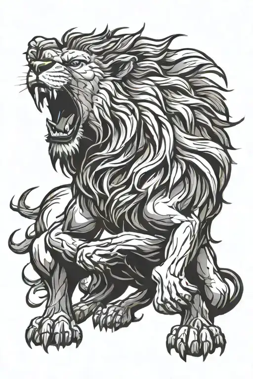 A menacing blackwork design of a roaring lion, symbolizing power and courage, perfect for a bodybuilding enthusiast tattoo design idea