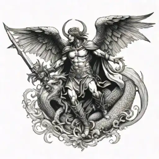A detailed Saint Michael battling a dragon, incorporating elements of bodybuilding poses tattoo design idea