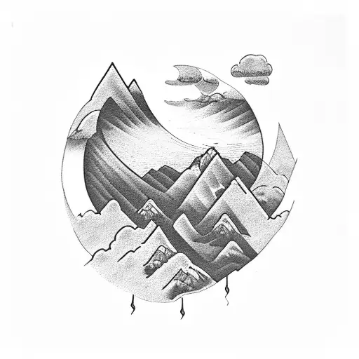 mountain tattoo with a theme of weathering the storm with the quote "soit un homme droit" written  tattoo design idea