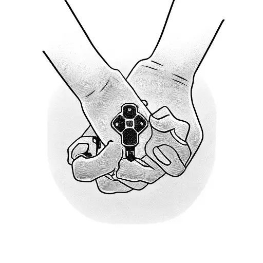 A mechanical hand holding a controller, surrounded by video game characters tattoo design idea