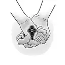 A mechanical hand holding a controller, surrounded by video game characters tattoo design idea